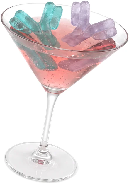 A cocktail glass holding several differently coloured antibodies